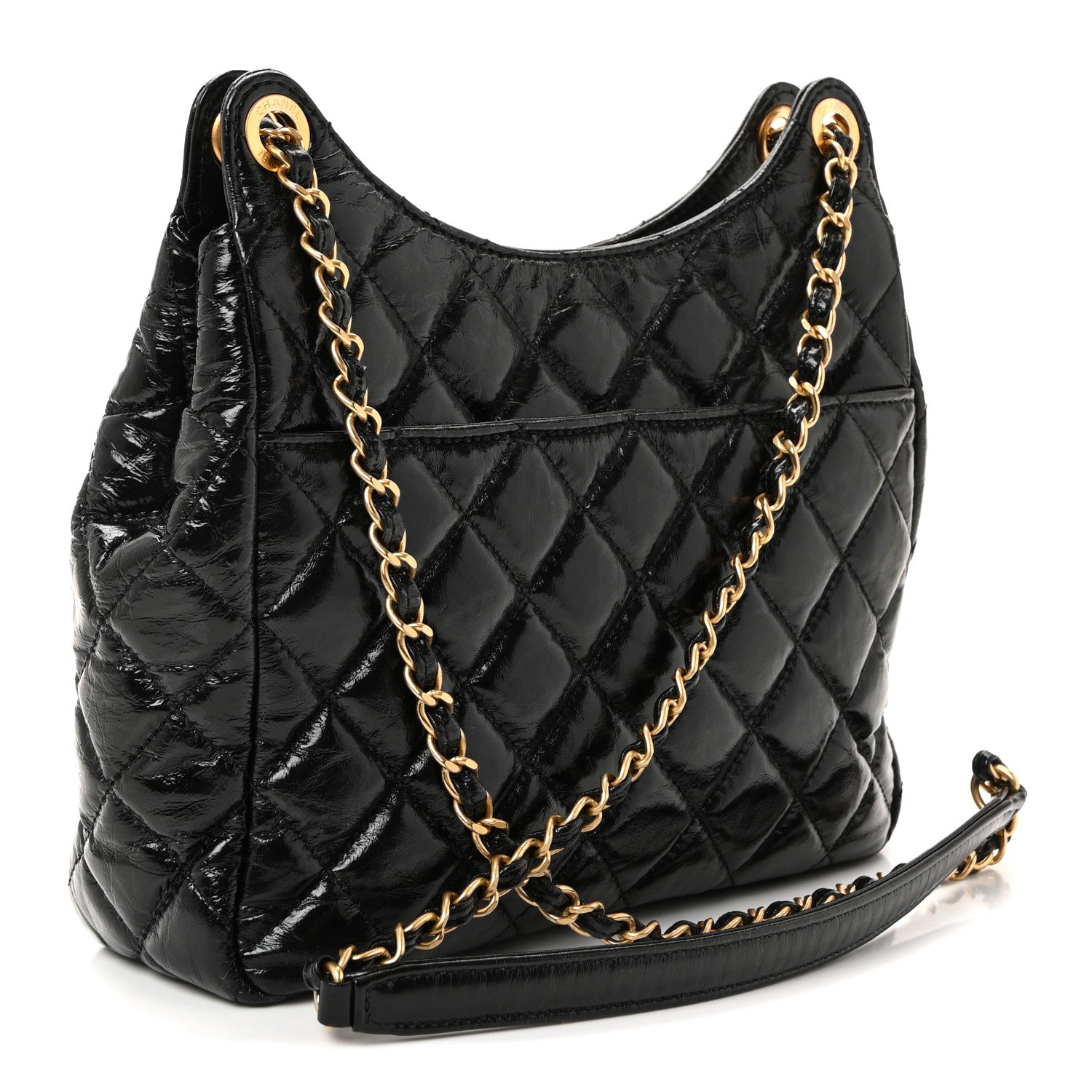 Shiny Crumpled Calfskin Quilted Wavy CC Hobo Black
