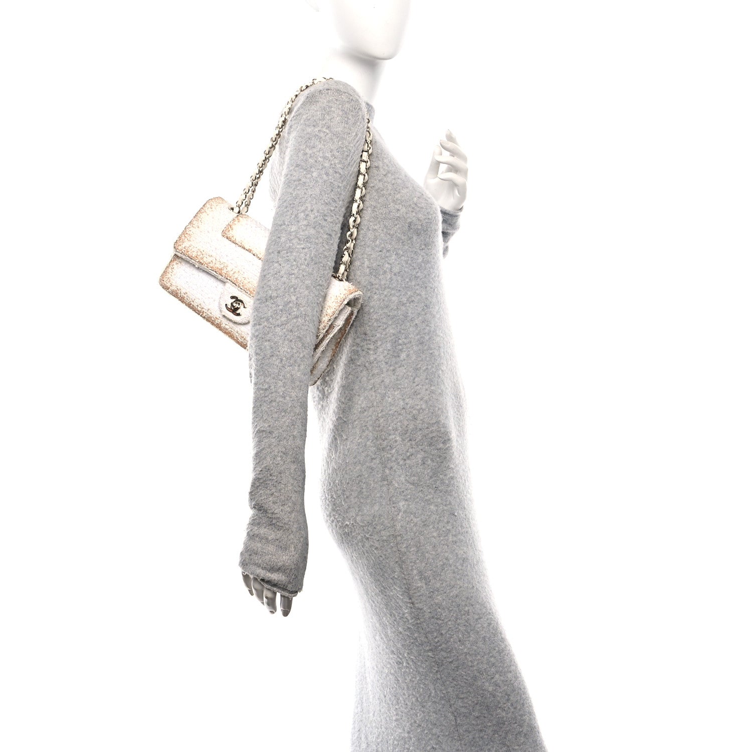 Metallic Tweed Medium Double Flap White Gold
