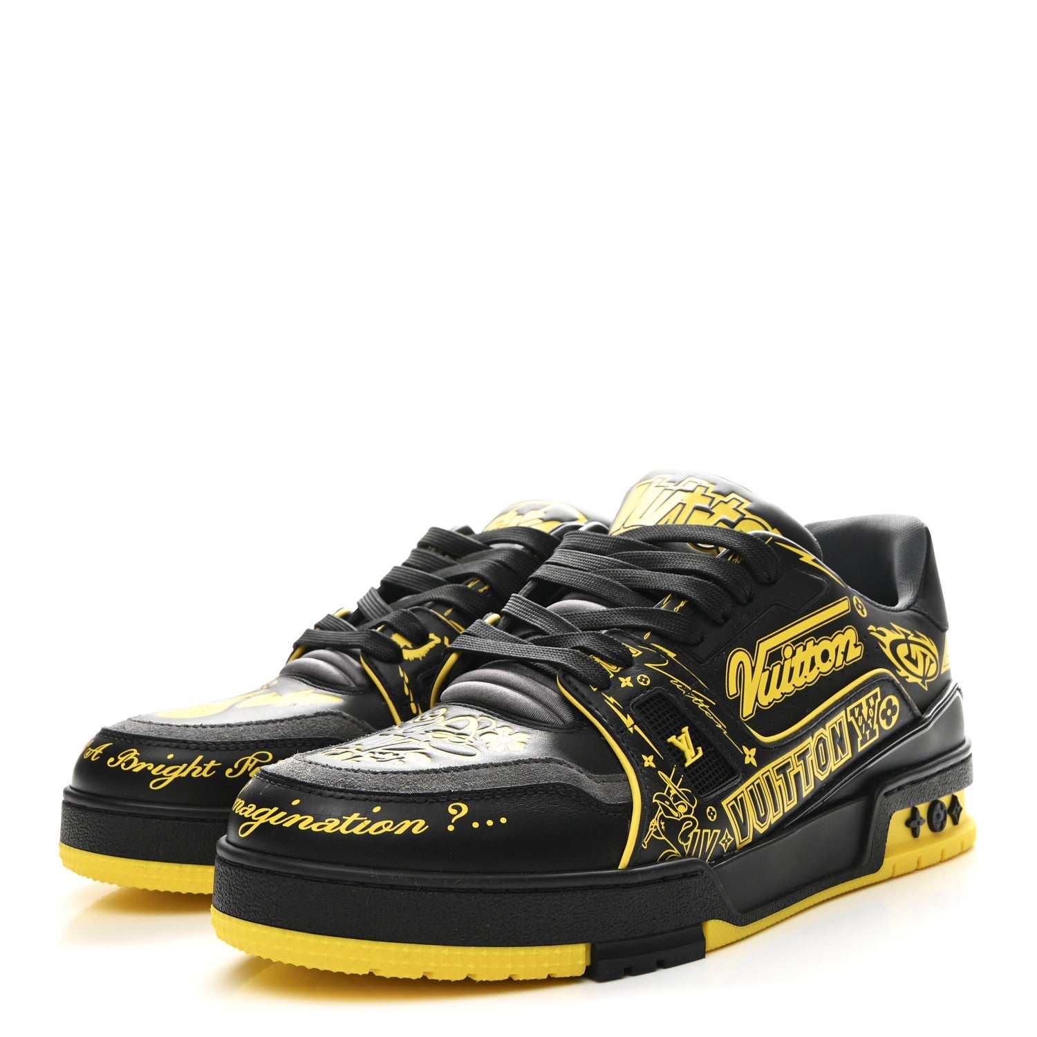 Calfskin Graffiti Mens LV Trainer Sneakers 8 Black Yellow