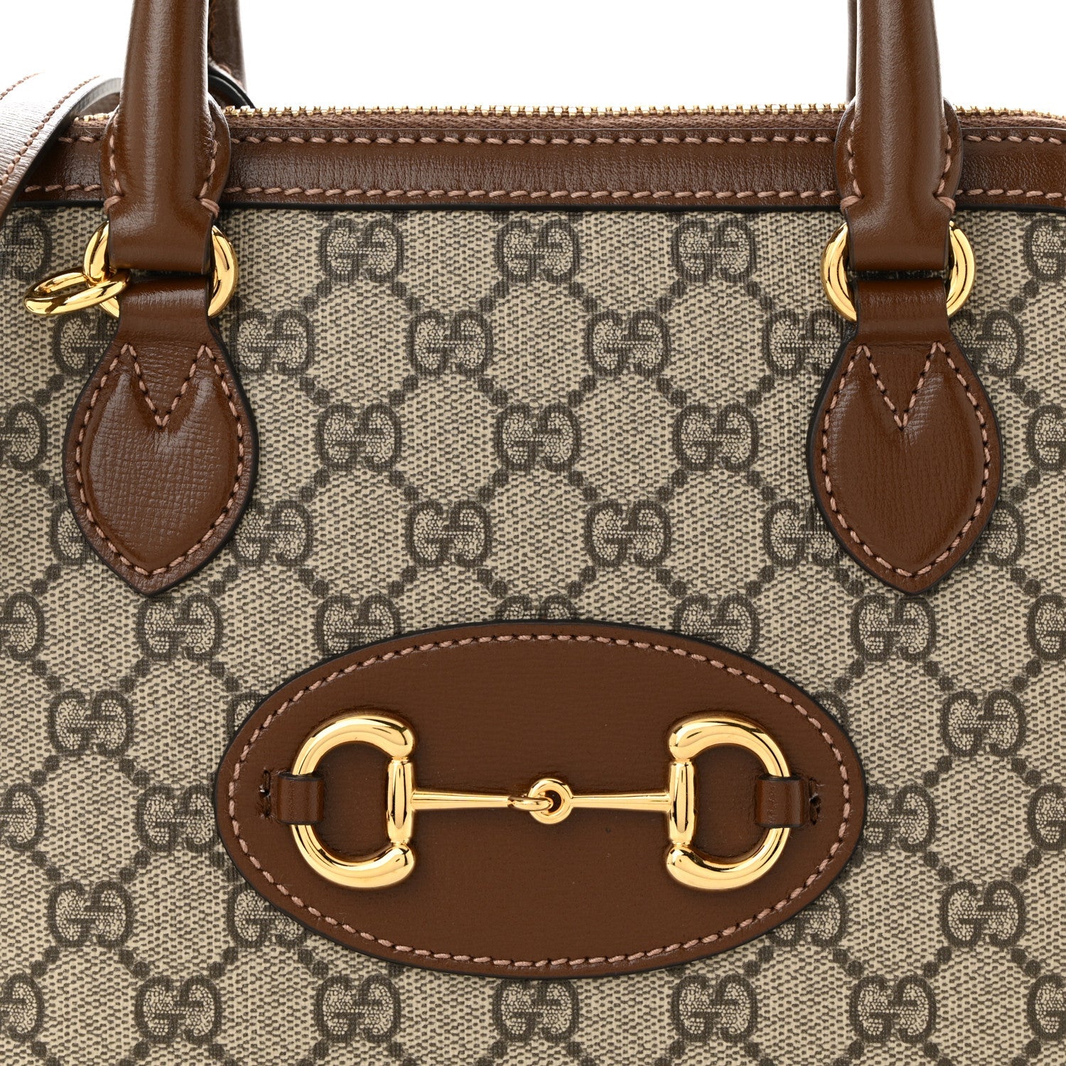 GG Supreme Monogram Azalea Calfskin Small Horsebit 1955 Top Handle Bag Beige Ebony Brown Sugar