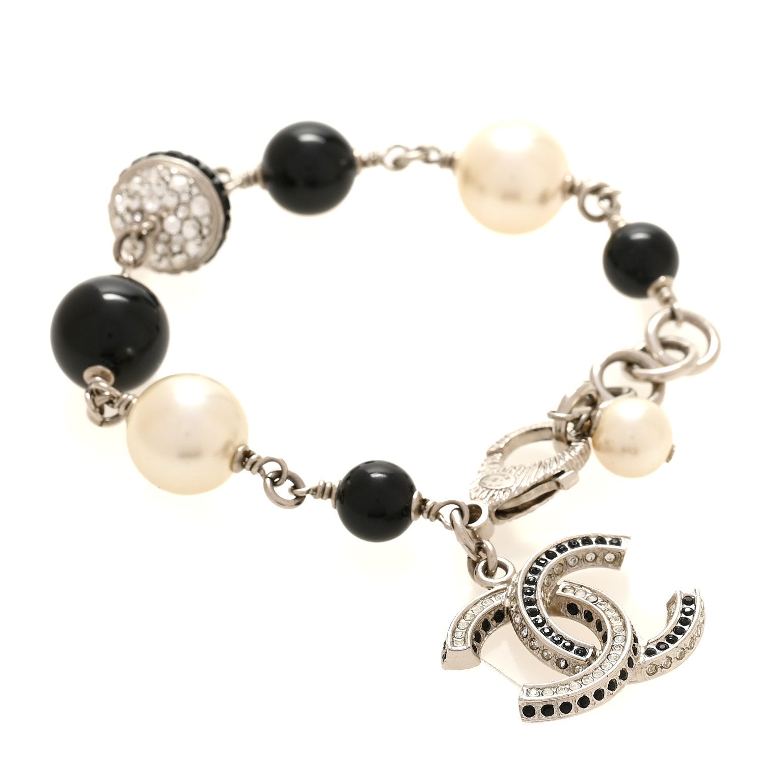 Pearl Bead Crystal CC Bracelet White Black Silver