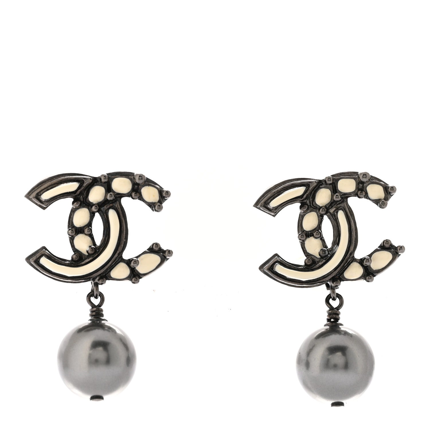 Enamel Bead CC Drop Clip On Earrings Ruthenium White