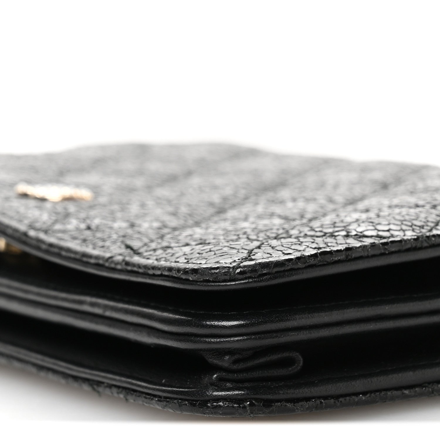 Crackled Patent Calfskin Quilted Pearl Wallet On Chain WOC Black