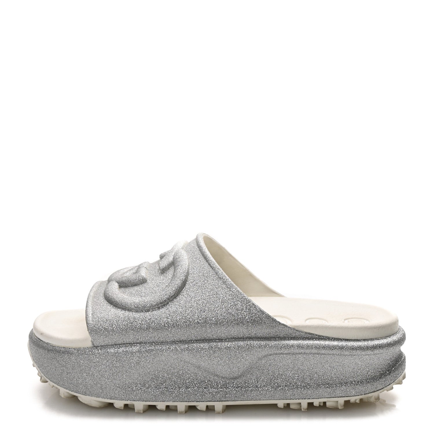 Glitter Rubber Womens Interlocking G Platform 42mm Slide Sandals 40 Silver