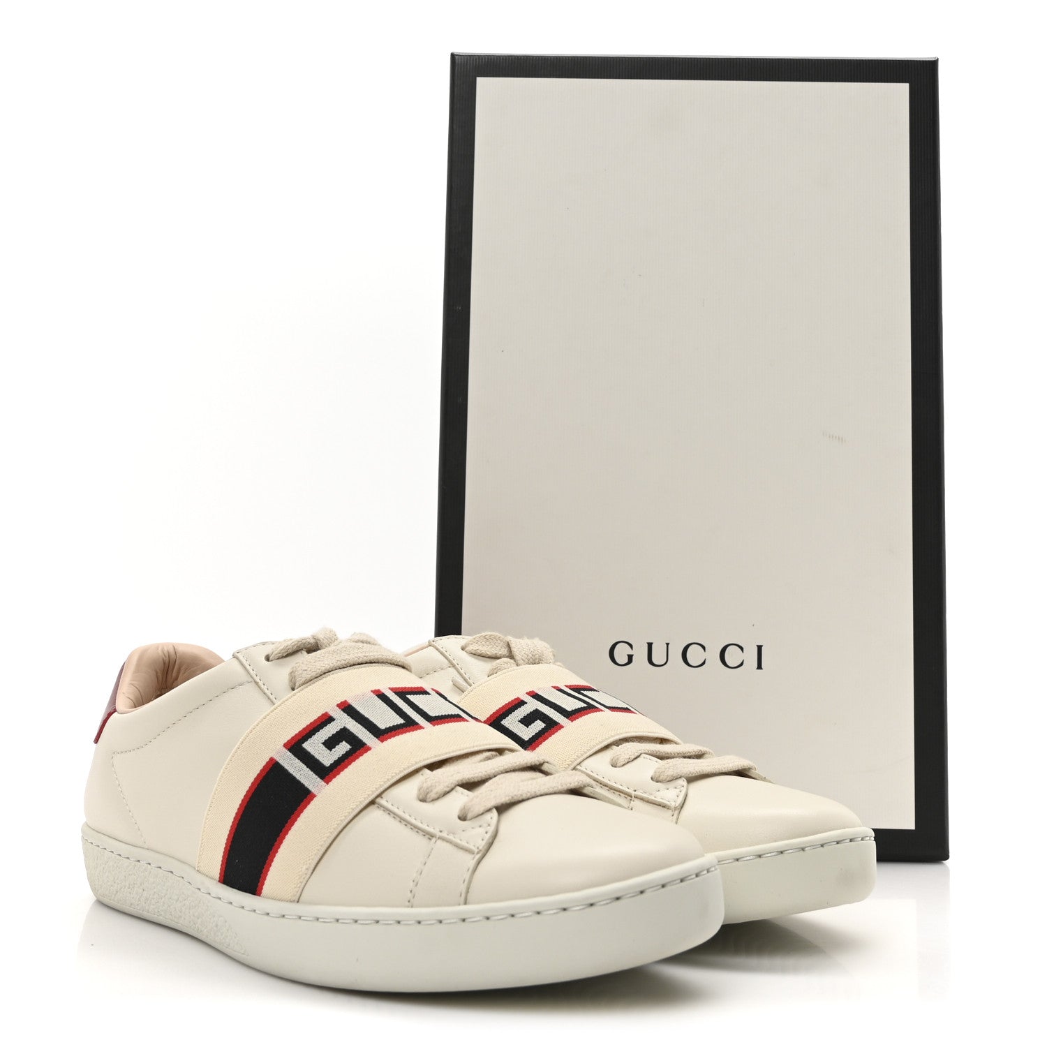 Calfskin Stripe Womens New Ace Sneakers 35 New Mystic White Ecru Red Flame