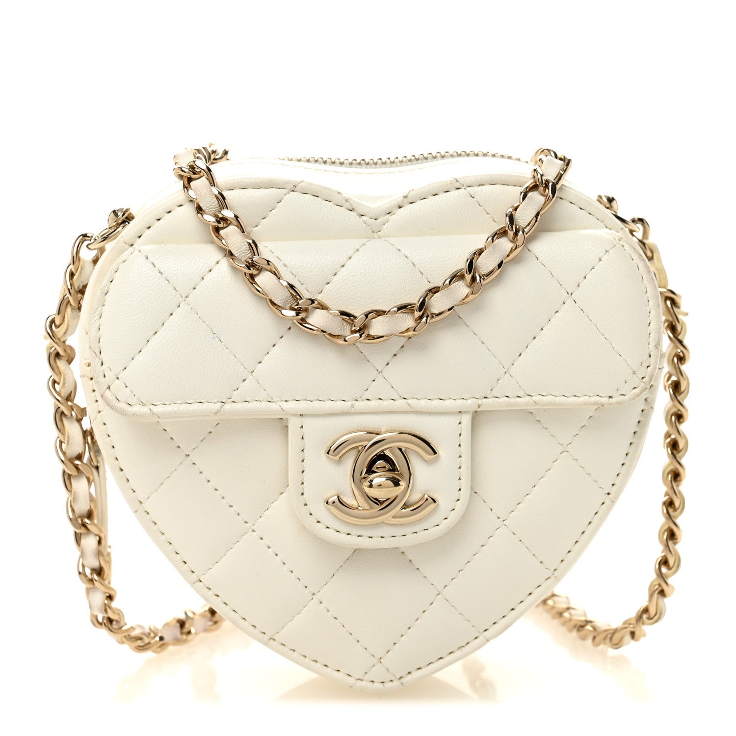 Lambskin Quilted CC In Love Heart Clutch With Chain White