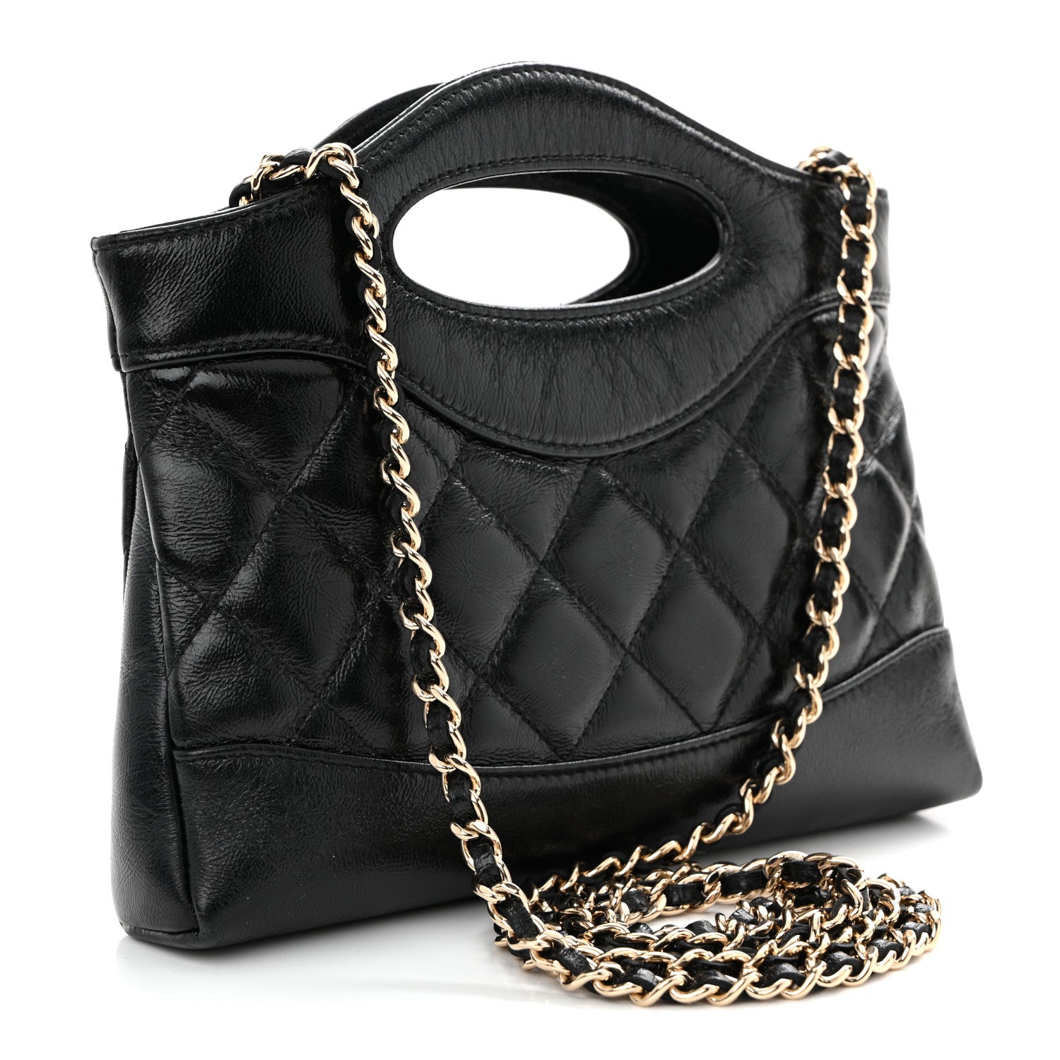 Shiny Crumpled Calfskin Quilted Nano 31 Shopping Bag Black