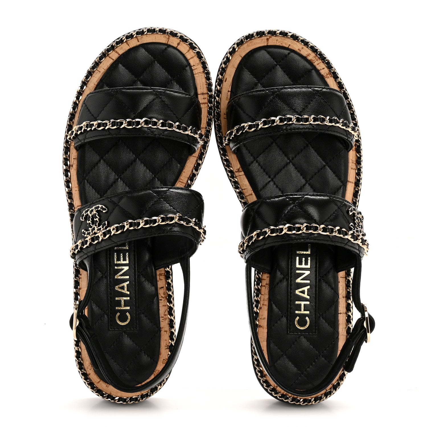 Shiny Lambskin Quilted Chain CC Sandals 36.5 Black