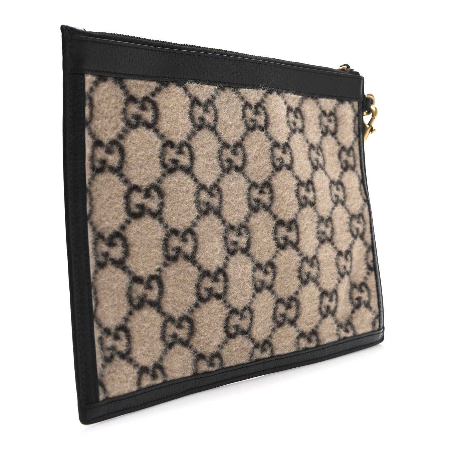 Wool GG Monogram Zip Wristlet Pouch Beige Ebony