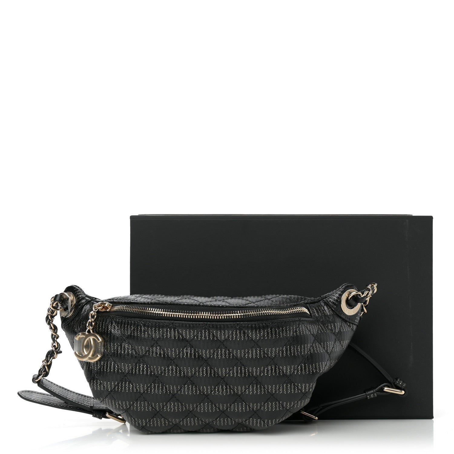 Metallic Caviar Striped Banane Waist Bag Fanny Pack Black Gold