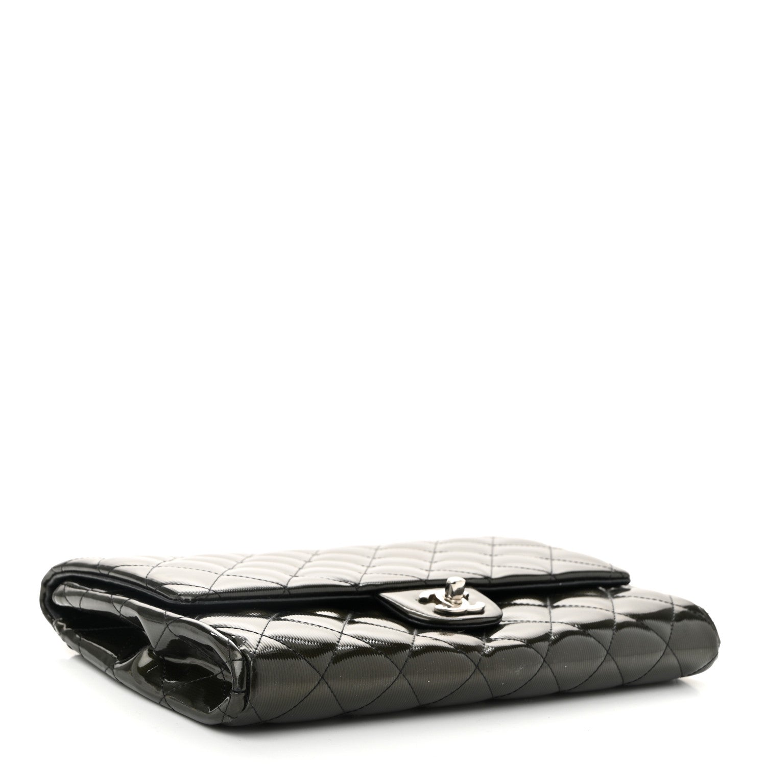 Striated Patent Quilted Clutch With Chain Flap Dark Grey