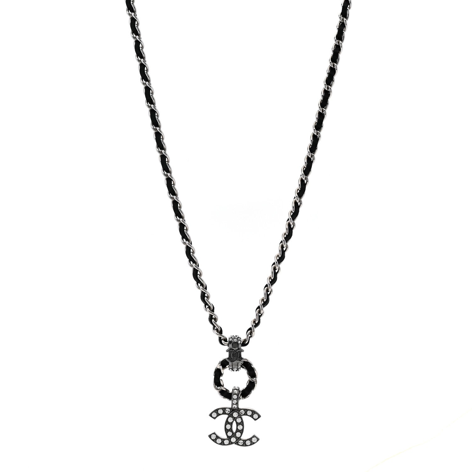 Lambskin Crystal Chain Choker Necklace Silver Black