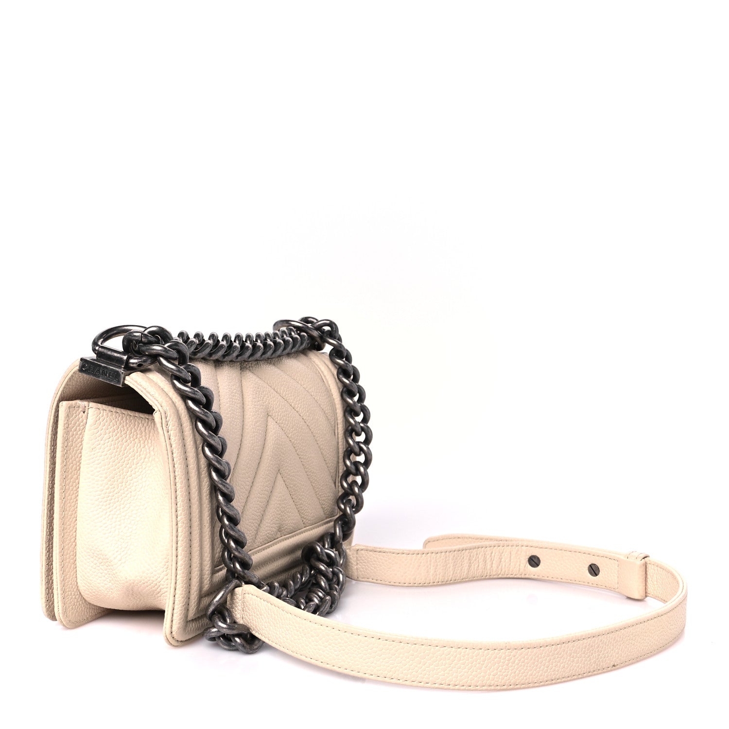 Caviar Chevron Quilted Small Boy Flap Light Beige