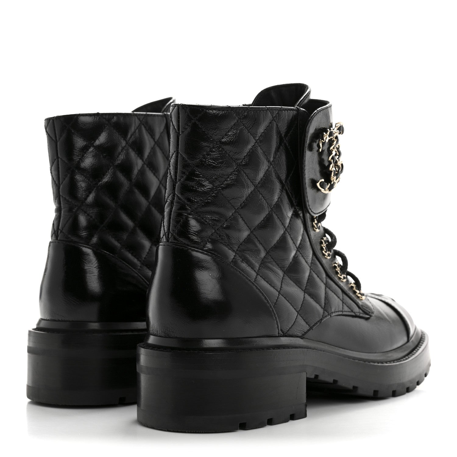 Shiny Lambskin Quilted Lace Up Combat Boots 37 Black