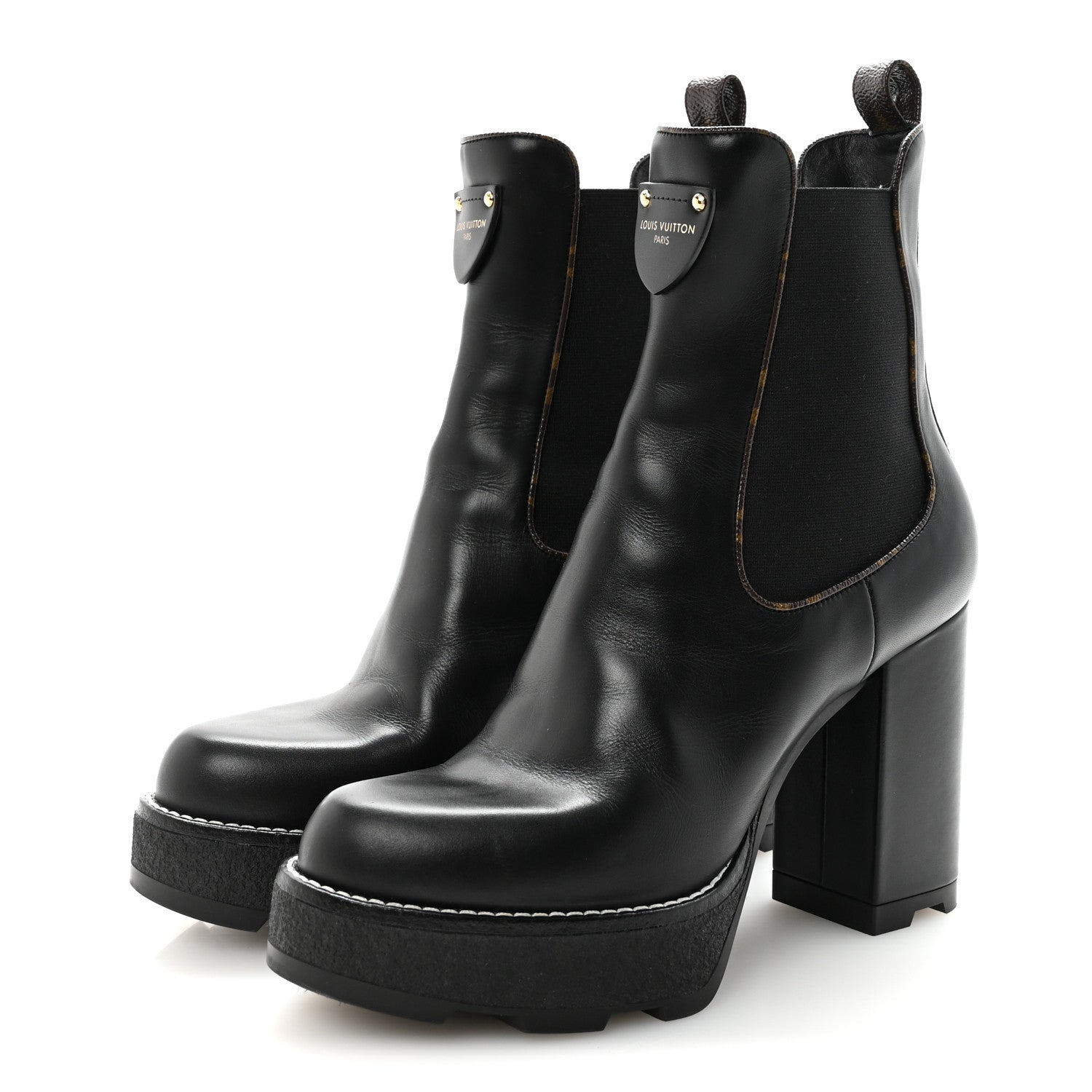 Calfskin Monogram LV Beaubourg Platform Ankle Boots 40 Black