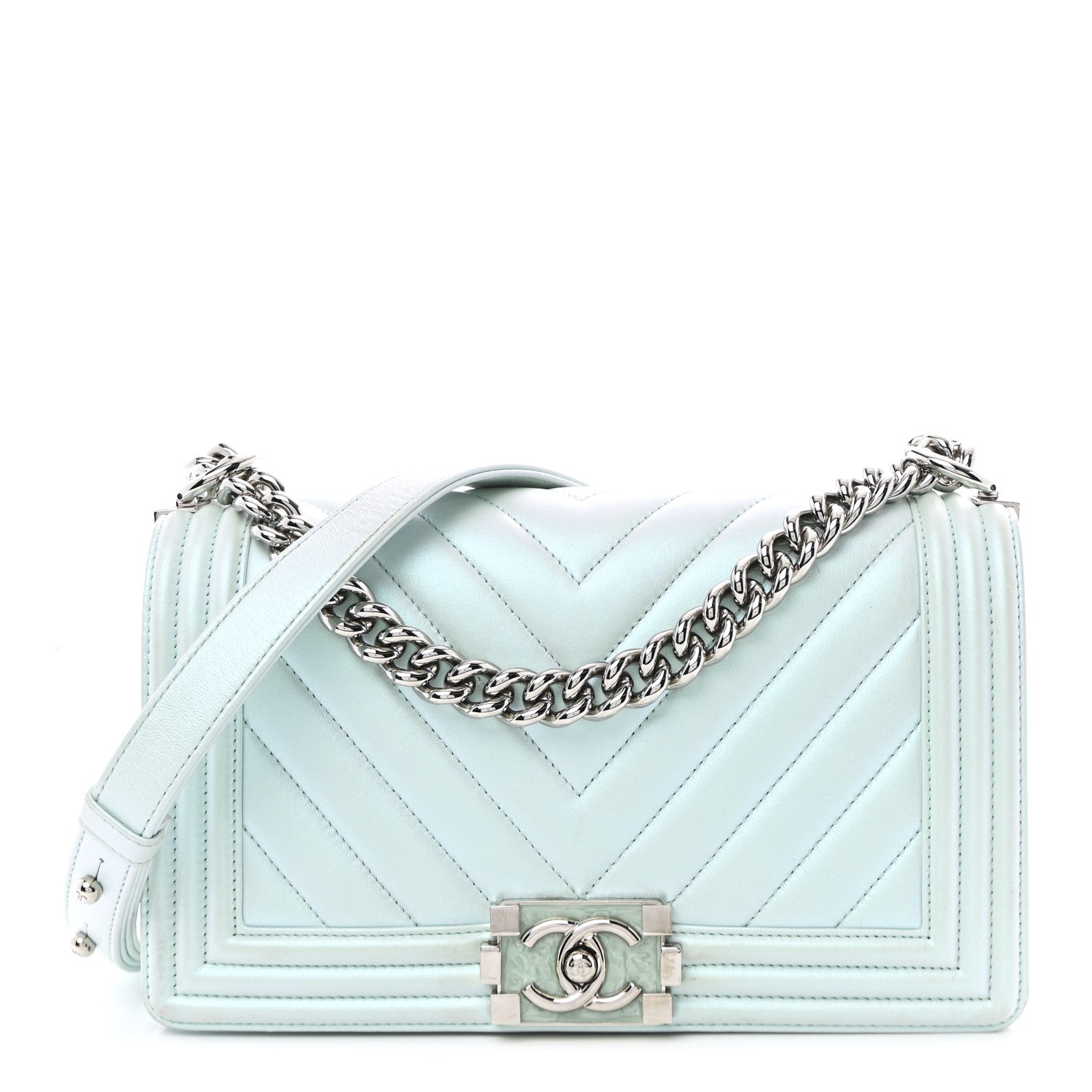 Iridescent Lambskin Chevron Quilted Medium Boy Flap Turquoise