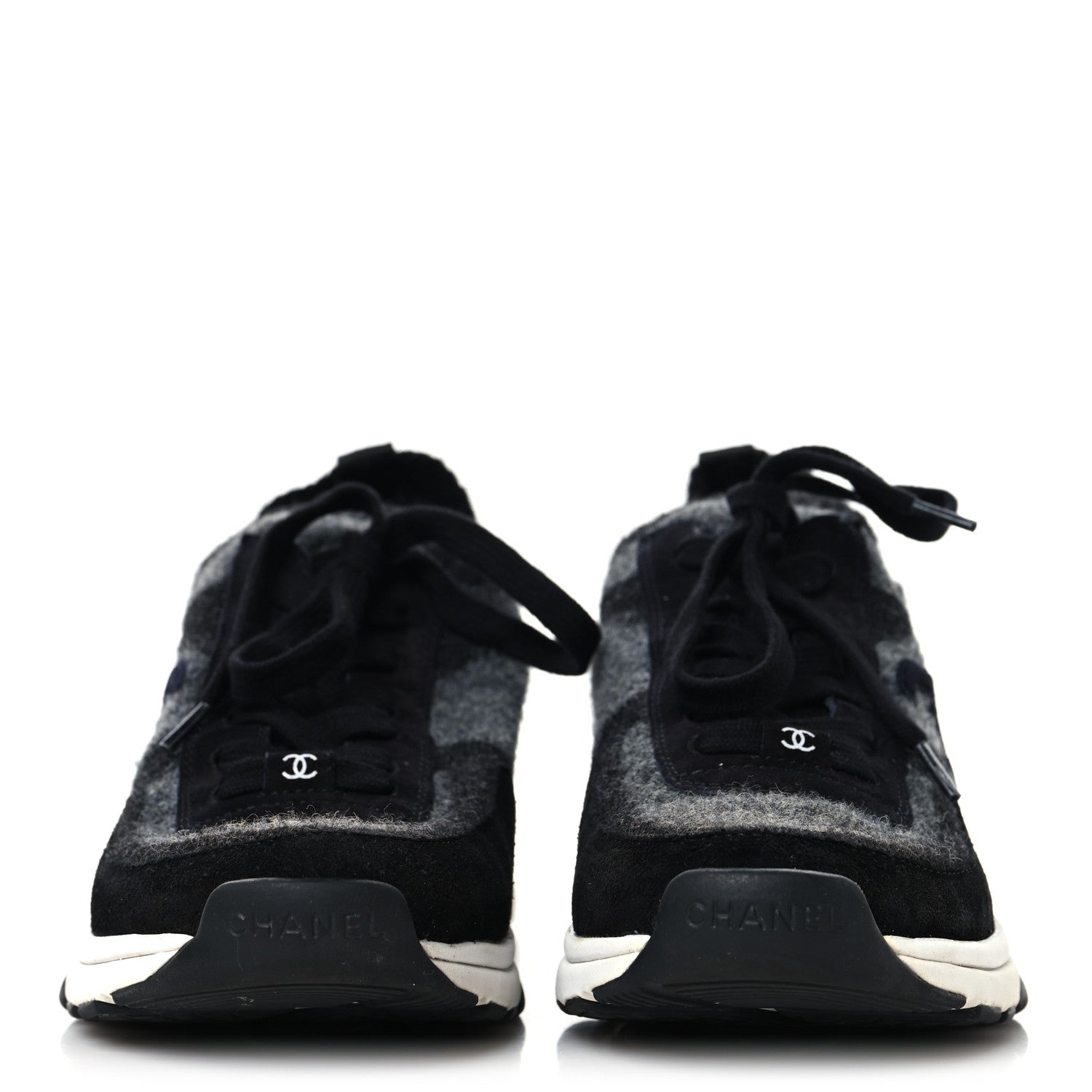 Knit Fabric Suede Calfskin Womens CC Sneakers 38.5 Black Grey