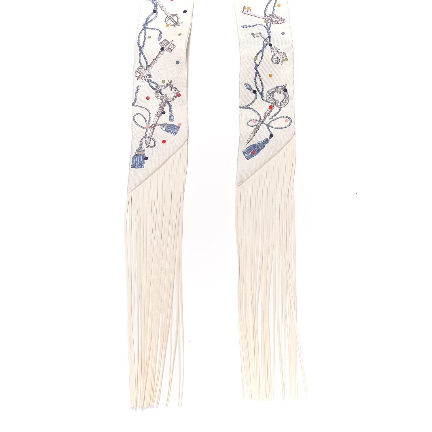 Silk Calfskin Les Cles A Pois Fringed Twilly Creme Gris Perle Multicolor