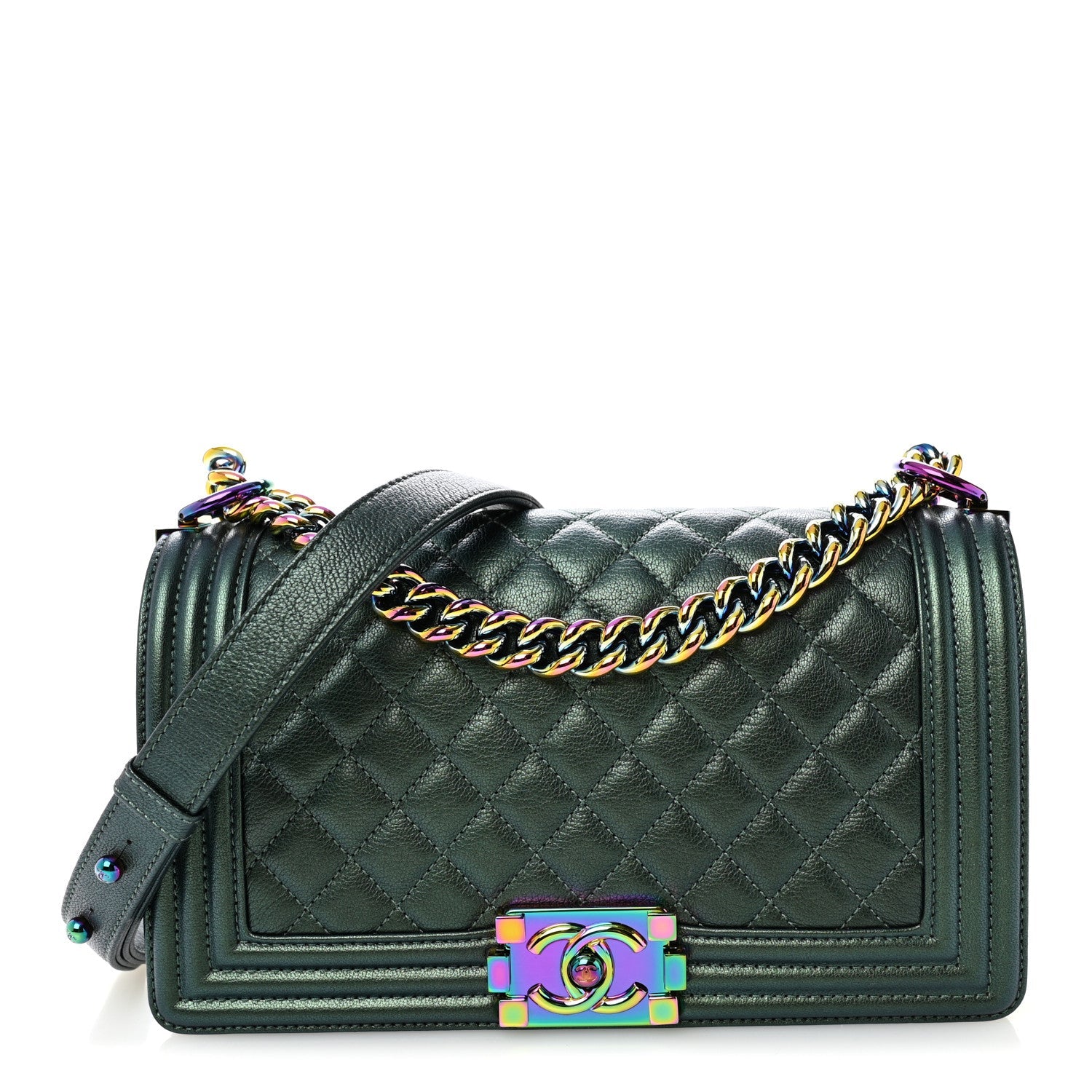 Iridescent Goatskin Quilted Medium Boy Flap Green