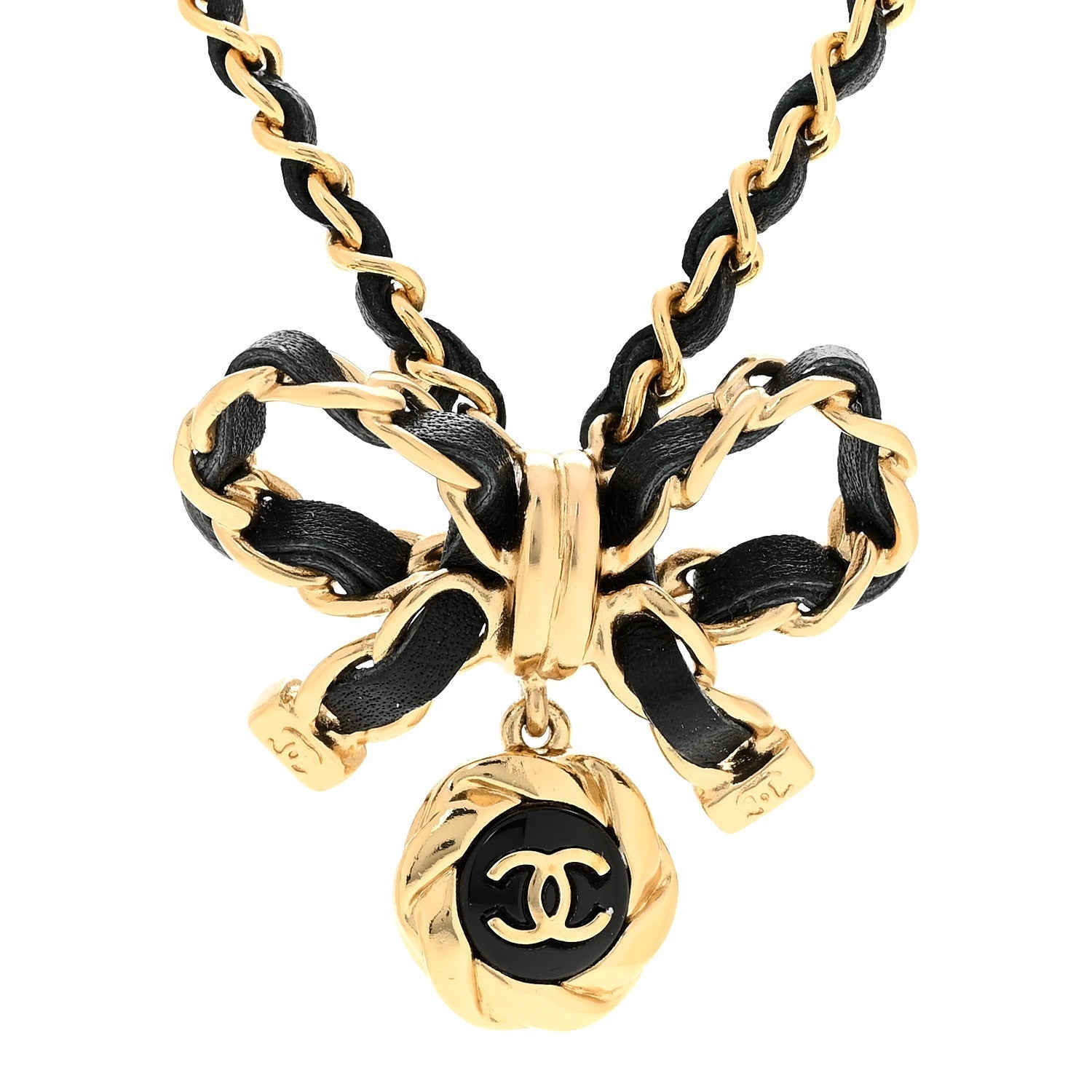 Metal Lambskin Chain CC Bow Necklace Black Gold