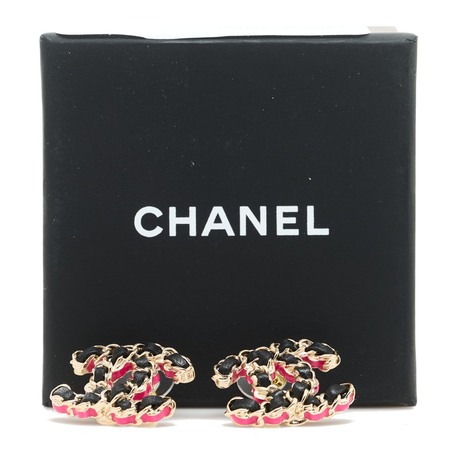 Lambskin CC Chain Earrings Black Gold Pink