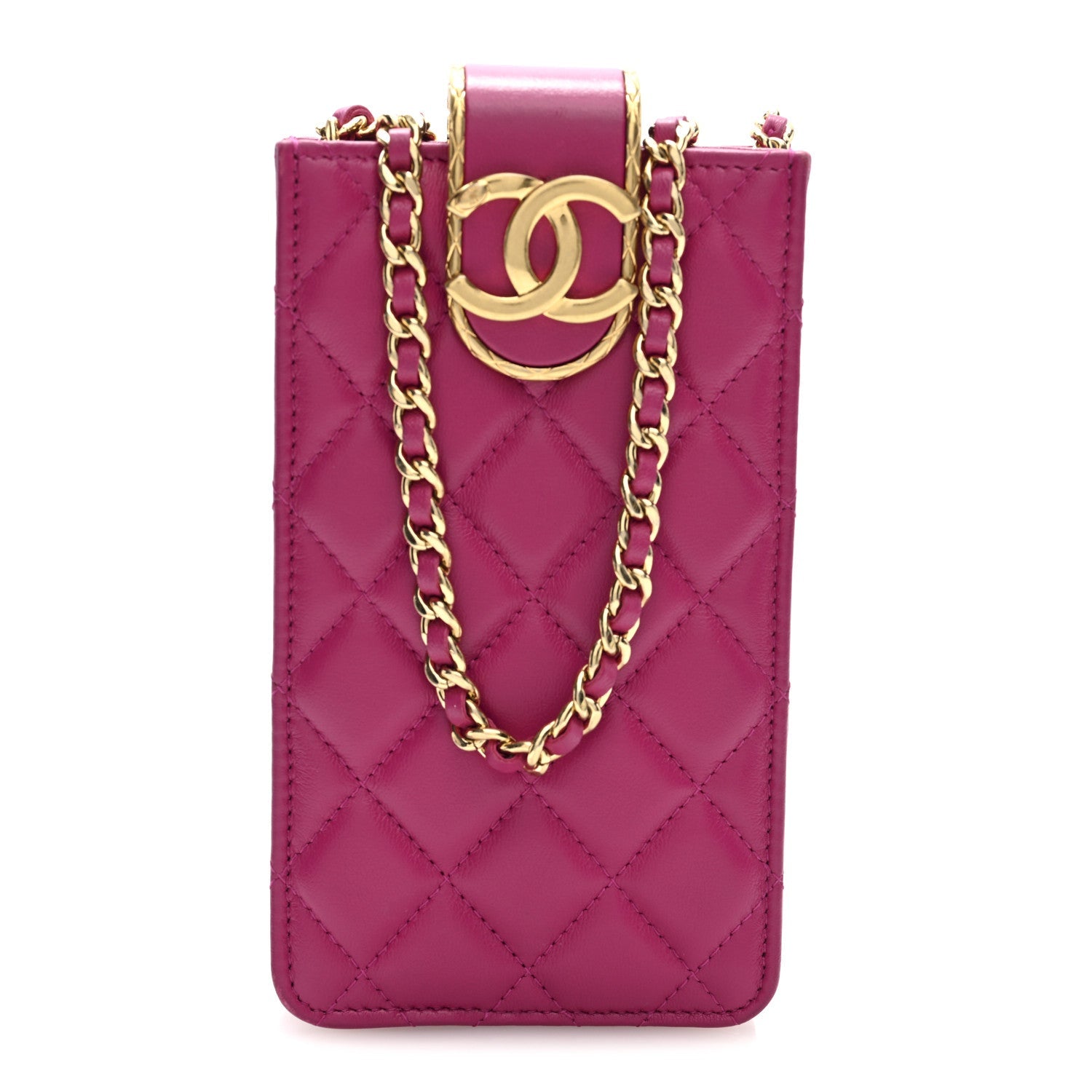 Lambskin Quilted Phone Holder With Chain Fuchsia