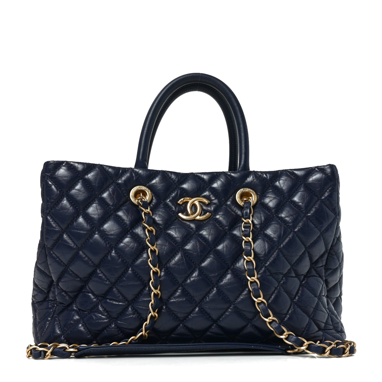 Aged Calfskin Quilted Medium Coco Handle Shopping Tote Navy