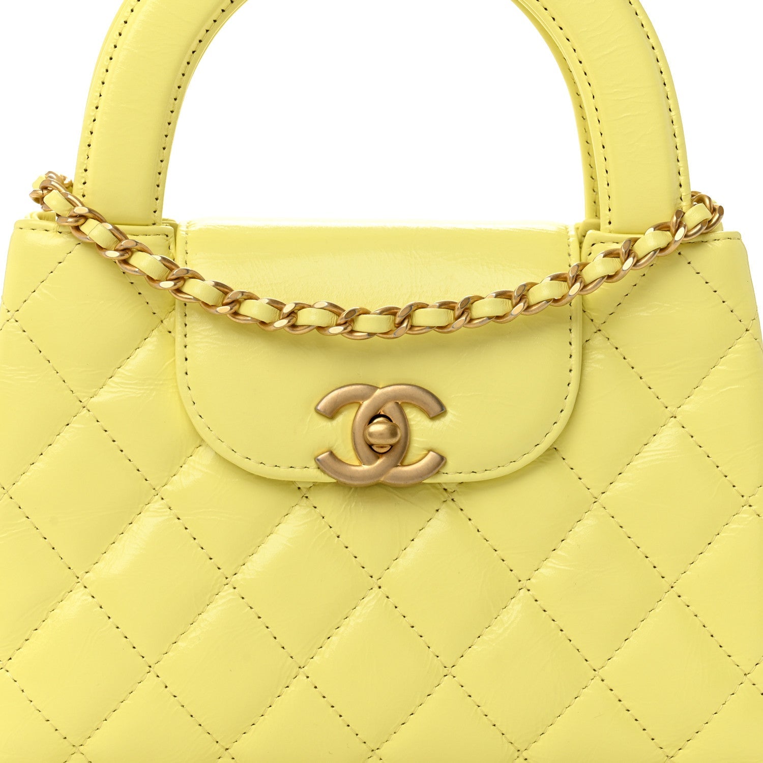 Shiny Aged Calfskin Quilted Nano Kelly Shopper Light Yellow