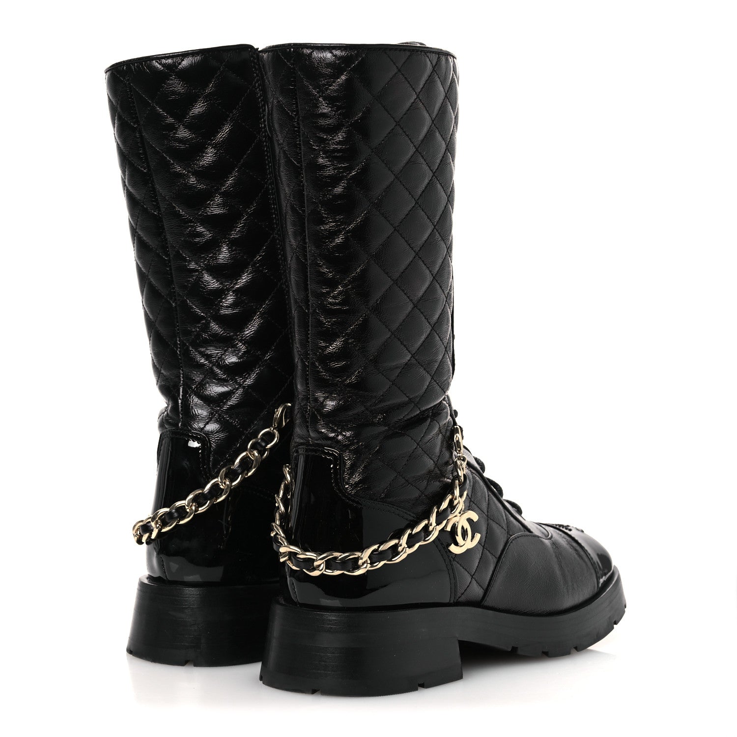 Shiny Calfskin Patent Quilted Chain Lace Up Combat Long Boots 37 Black