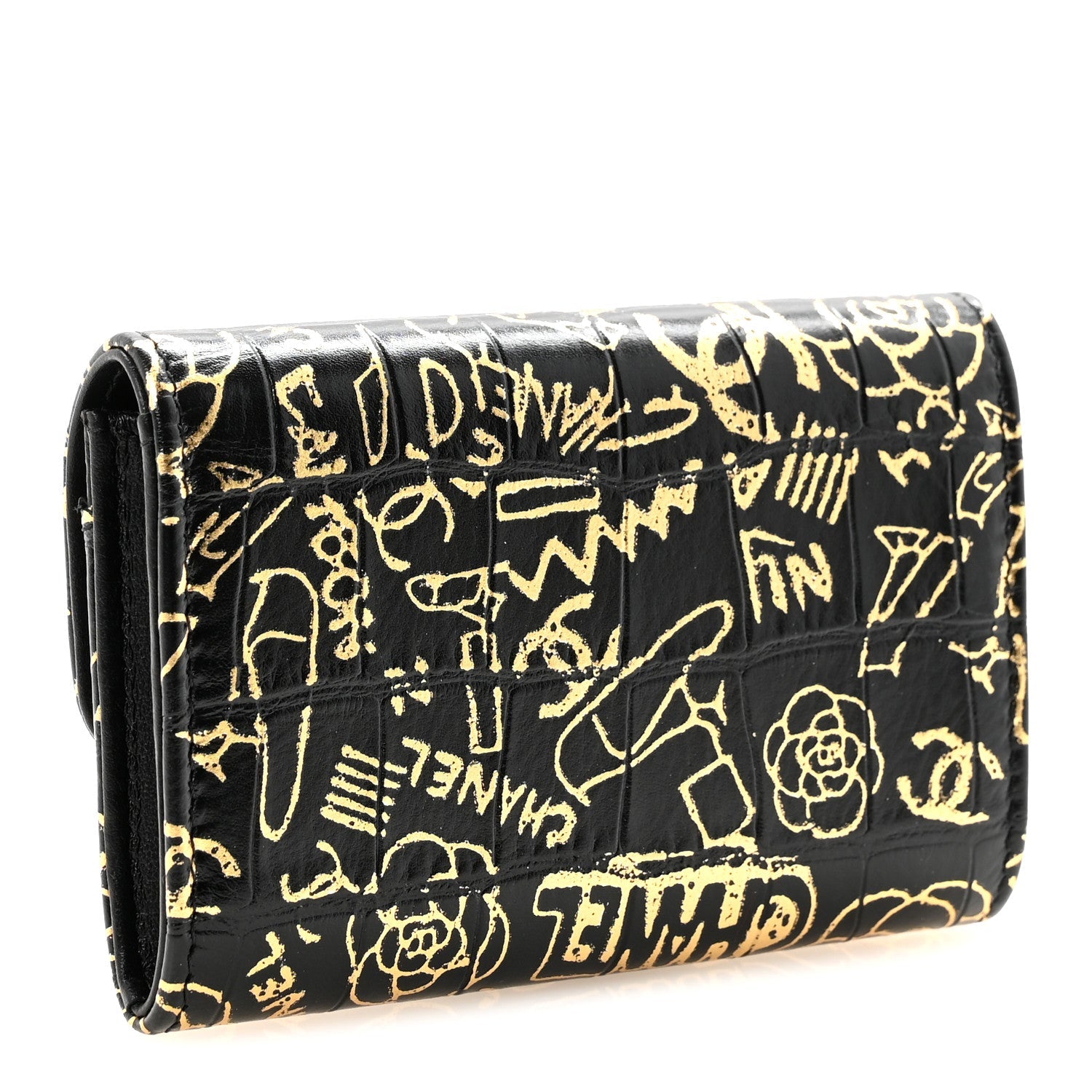 Calfskin Crocodile Embossed Graffiti 2.55 Cocodile Reissue Flap Card Holder Black Gold
