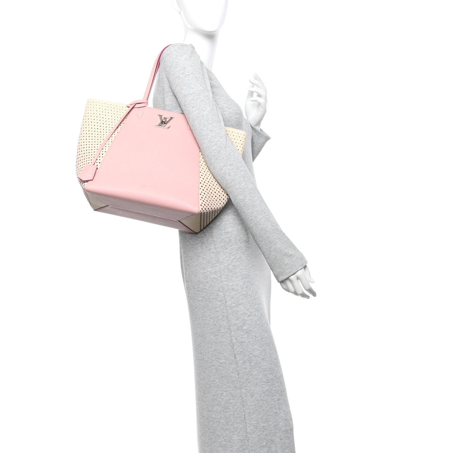 Calfskin Perforated Lockme Cabas Rose Poudre Creme