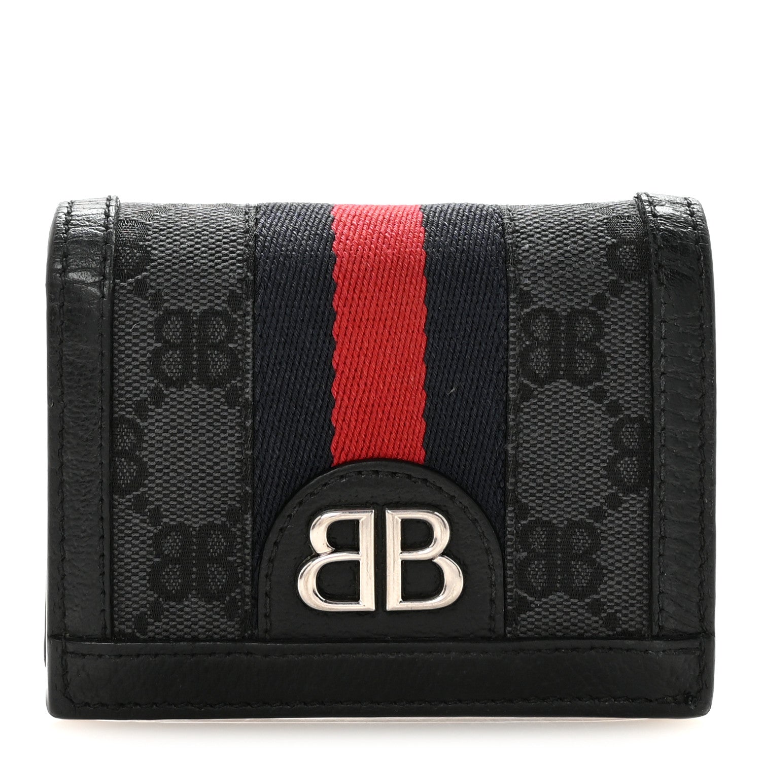 X BALENCIAGA BB Monogram Web Ophidia Card Case Wallet Black