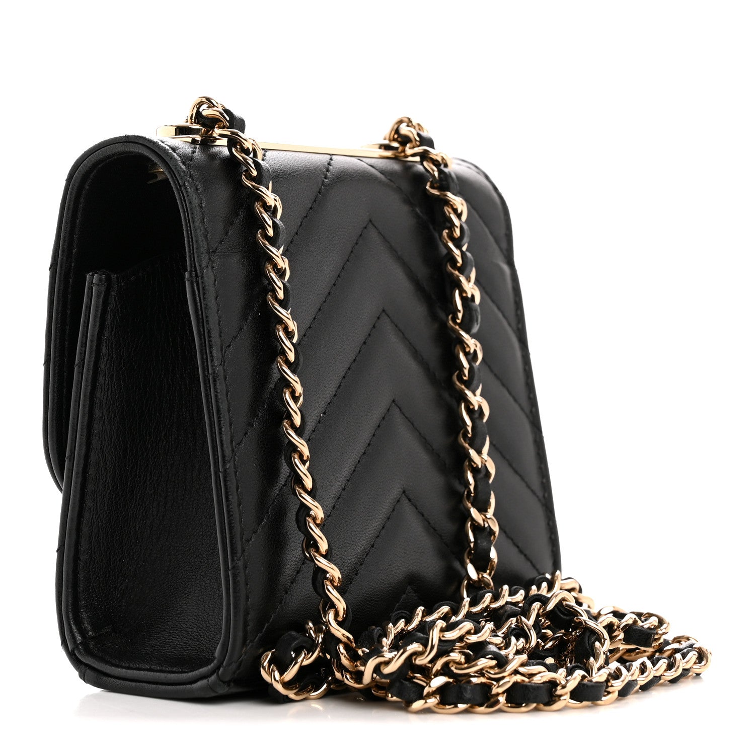 Lambskin Chevron Quilted Mini Trendy CC Chain Wallet Black