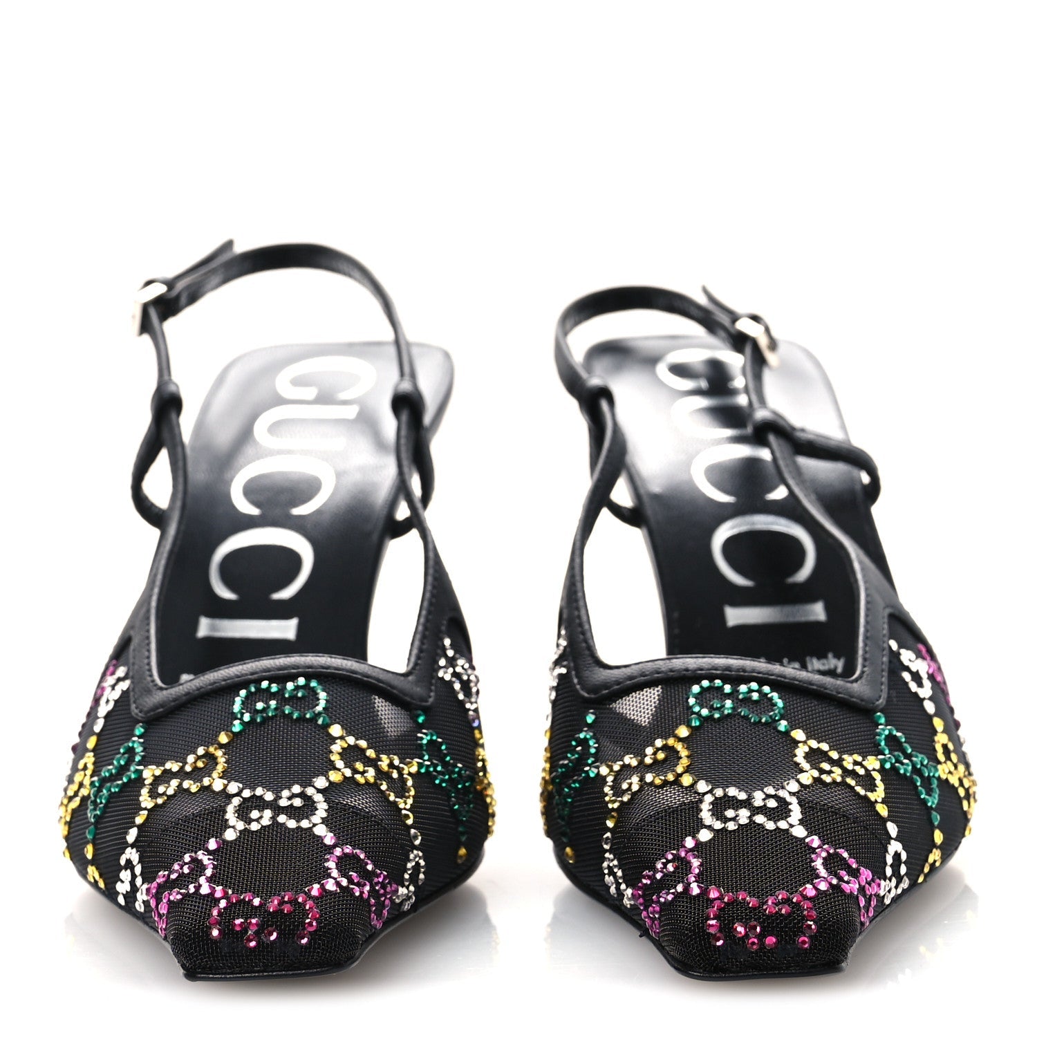 Tela Retino Nappa Charlotte Crystal GG Monogram Square G 75mm Slingback Pumps 37 Black