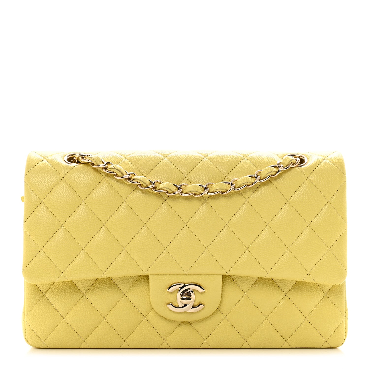 Caviar Quilted Medium Double Flap Yellow