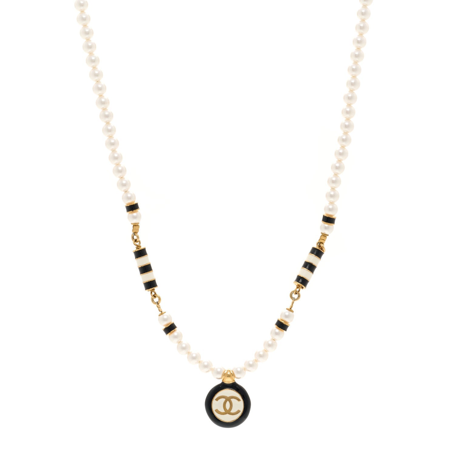 Pearl Enamel CC Short Necklace White Gold Black