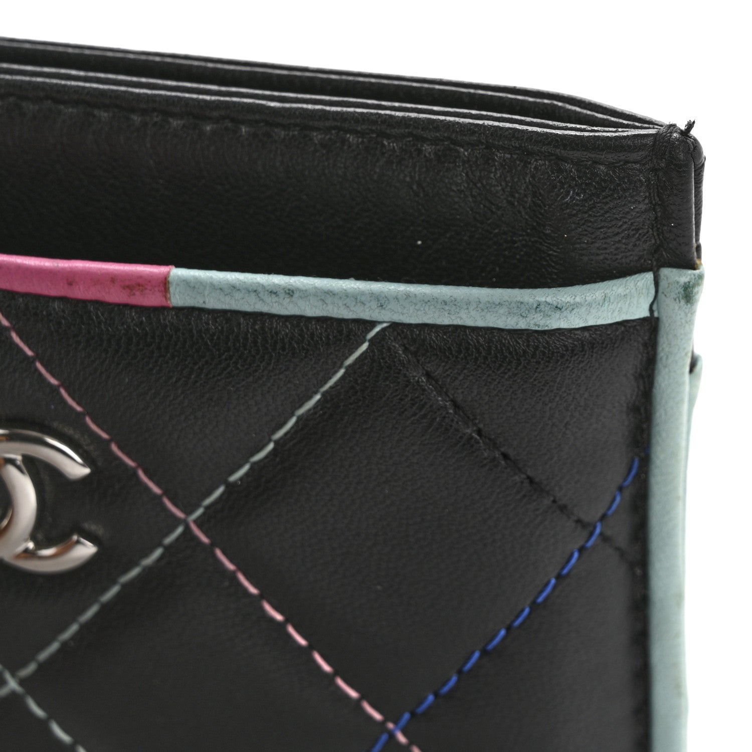 Lambskin Quilted Chanel Card Holder Black Pink Light Blue