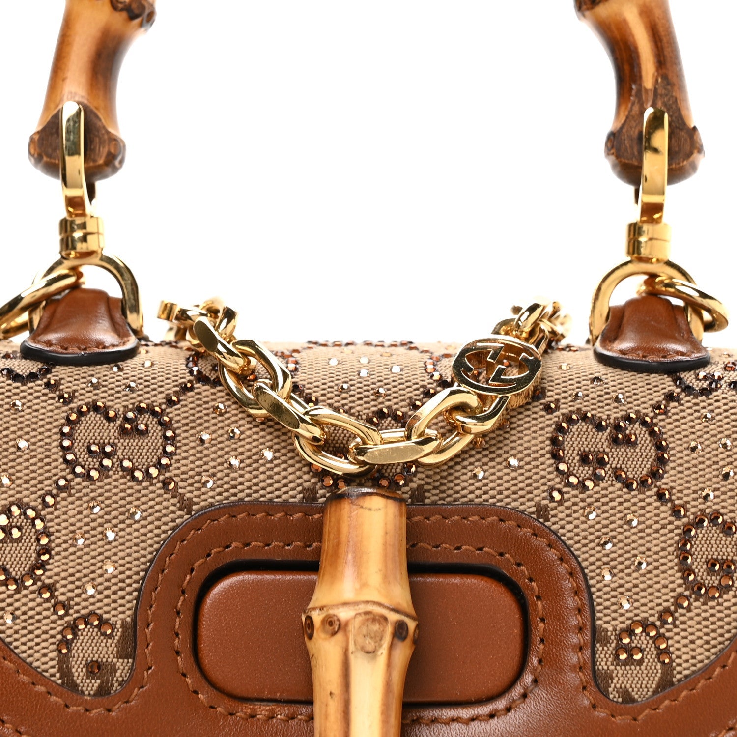New Canvas Charisma Calfskin Crystal GG Monogram Small Bamboo 1947 Top Handle Bag Camel Ebony