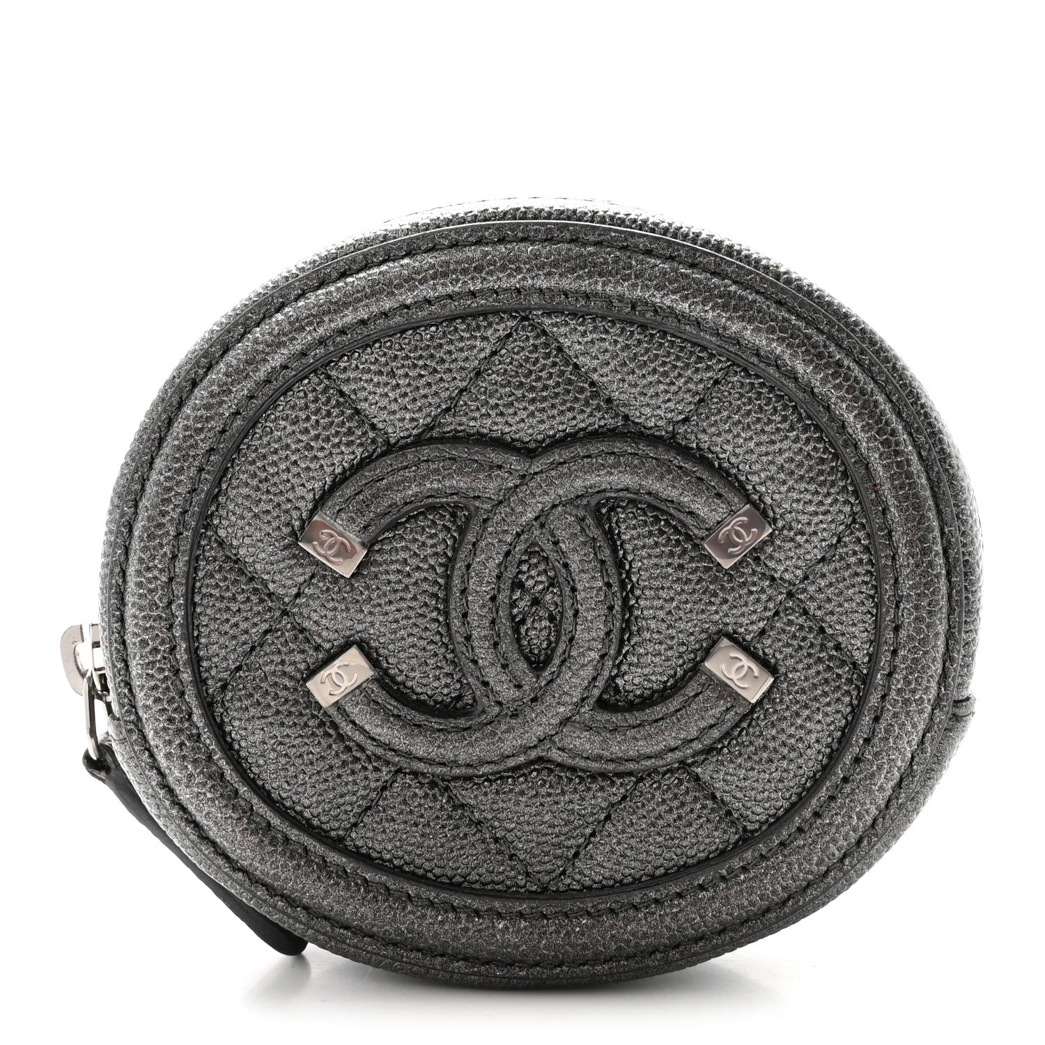 Metallic Caviar Quilted Filigree Zip Around Classic Coin Purse Dark Silver