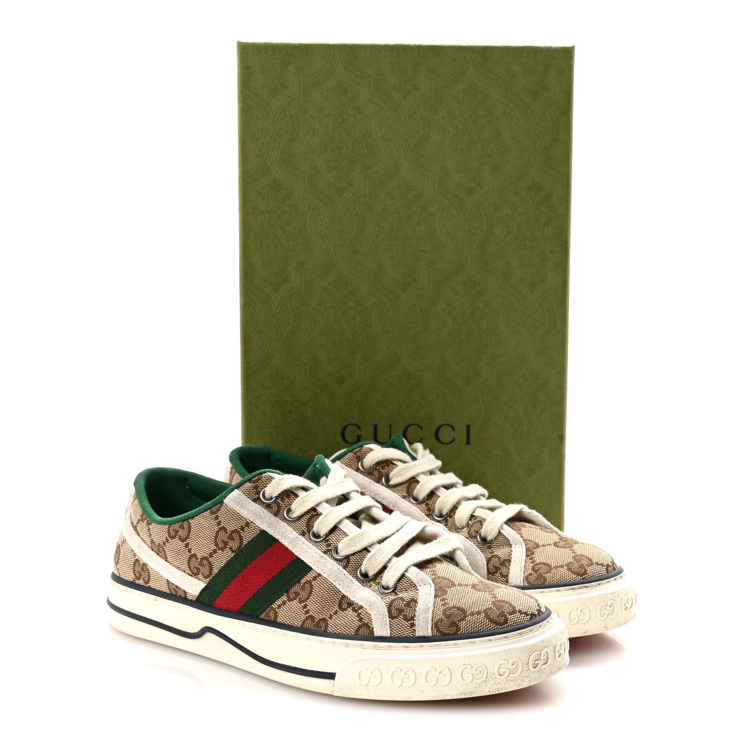 GG Monogram Web Womens 1977 Tennis Sneakers 38 Beige Ebony Mystic White