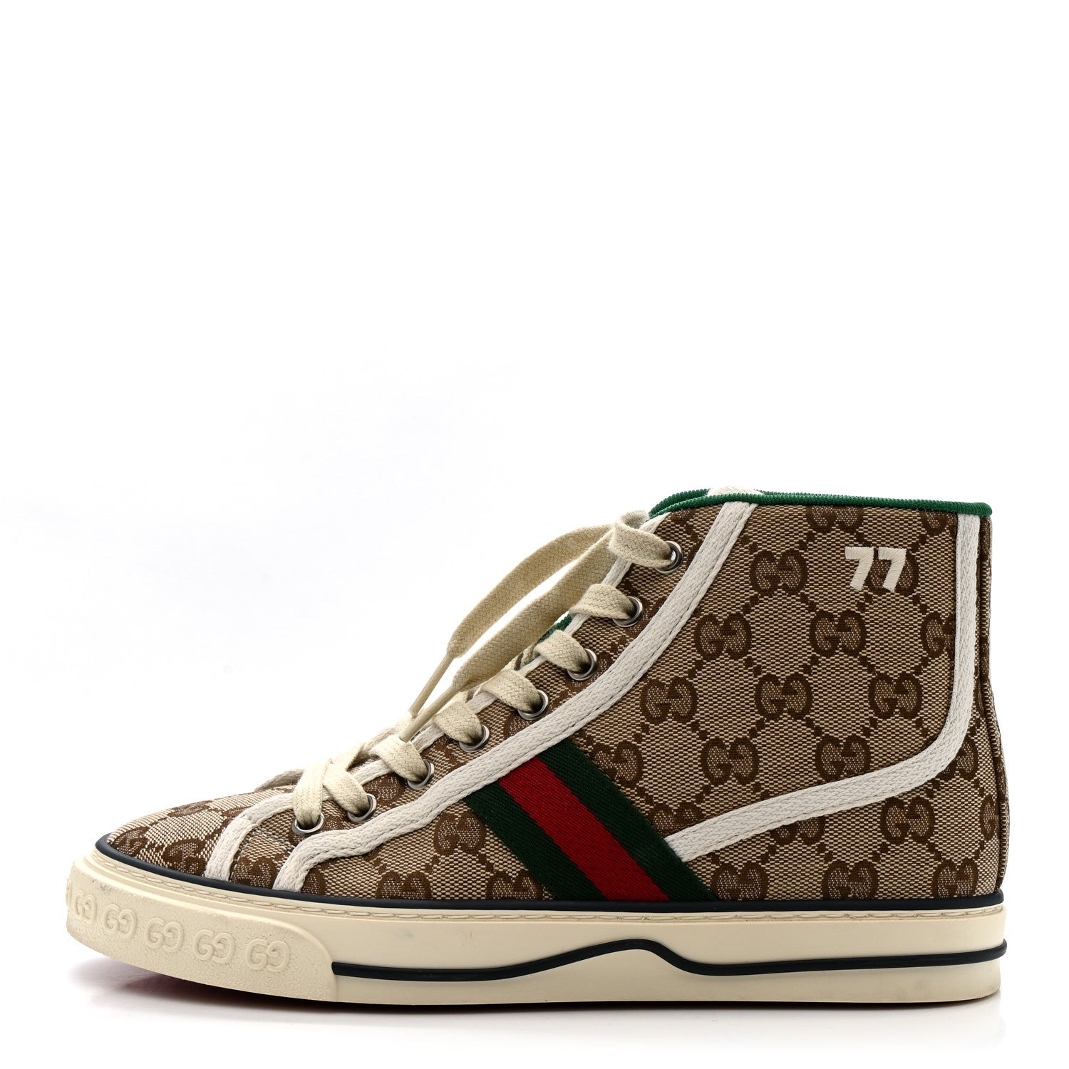 GG Monogram Web Womens 1977 Tennis High Top Sneakers 37.5 Beige Ebony Mystic White