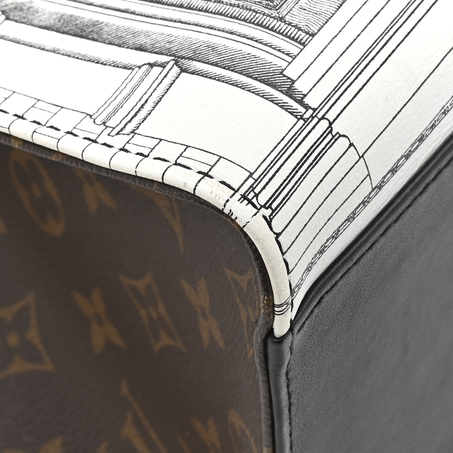 X FORNASETTI Calfskin Architettura Onthego MM Black White