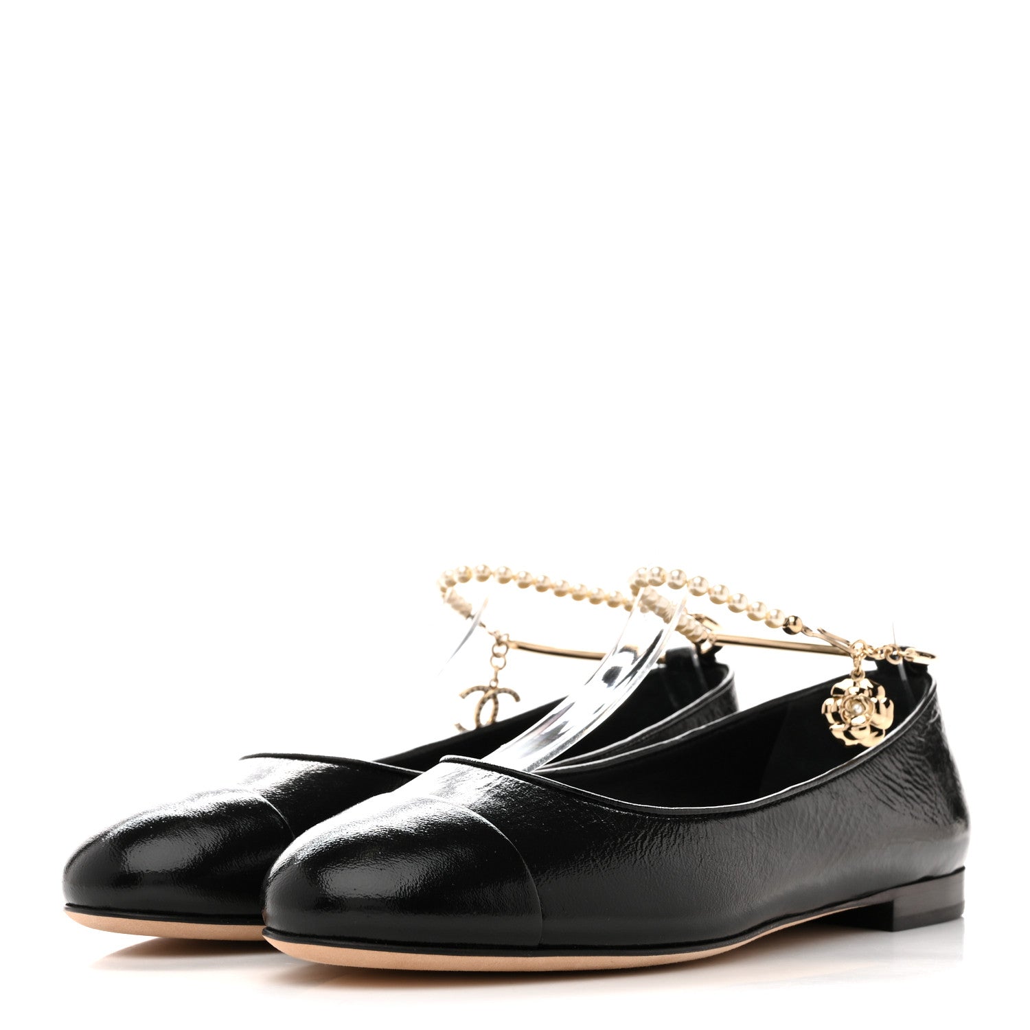 Shiny Lambskin Pearl Cap Toe Ankle Chain Ballerina Flats 39 Black