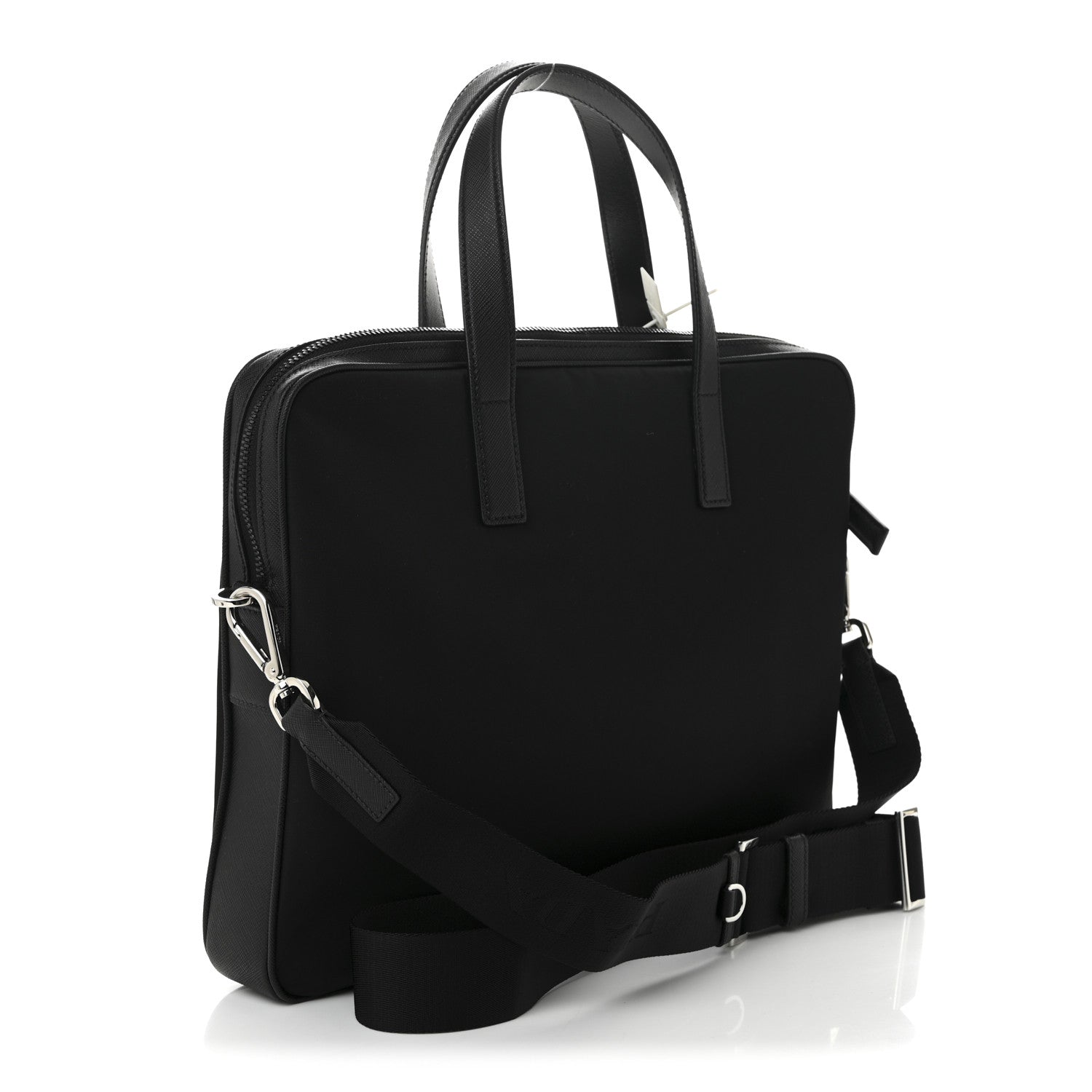 Re-Nylon Saffiano Metal Triangle Logo Briefcase Black