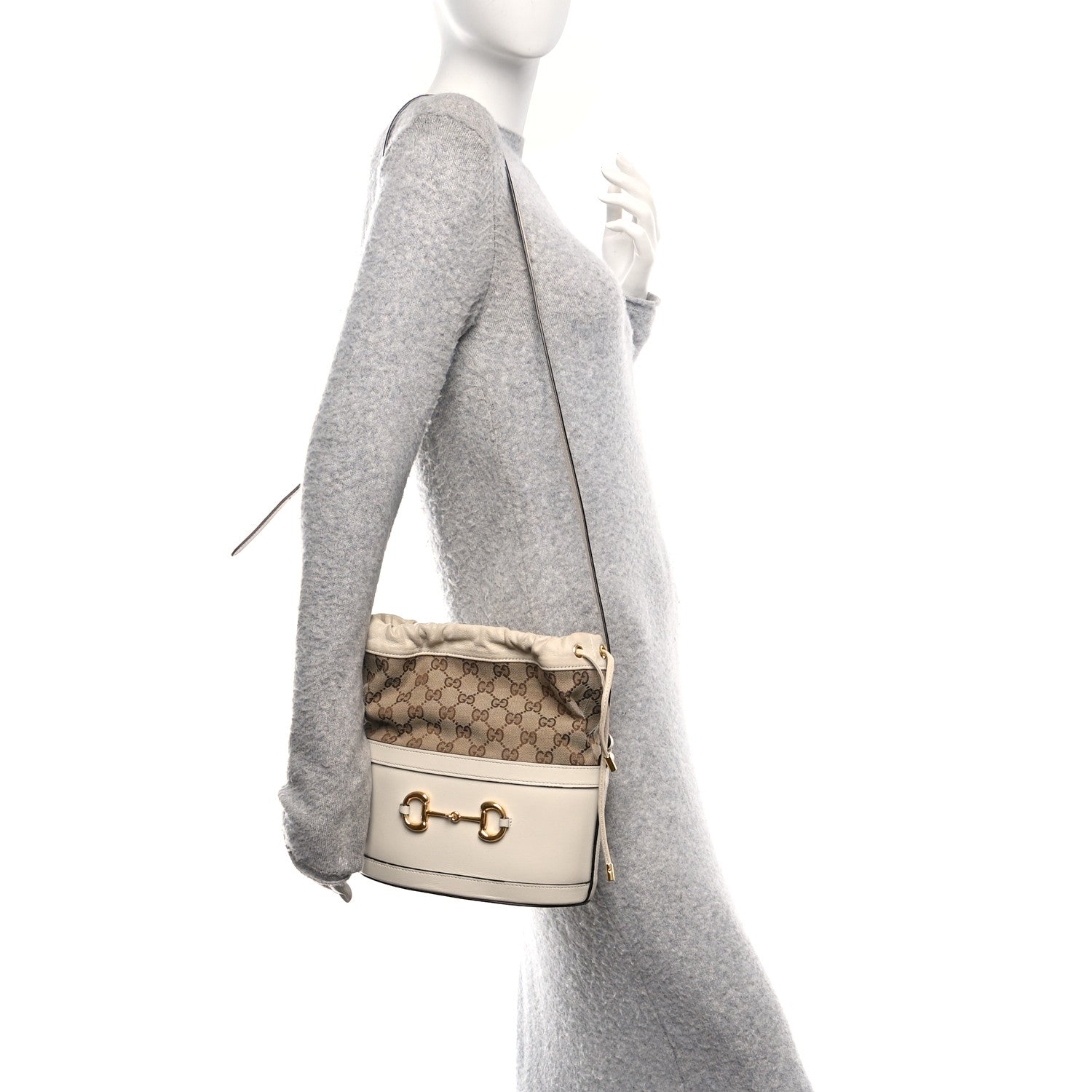 Monogram Textured Calfskin Horsebit 1955 Drawstring Bucket Bag Beige Mystic White