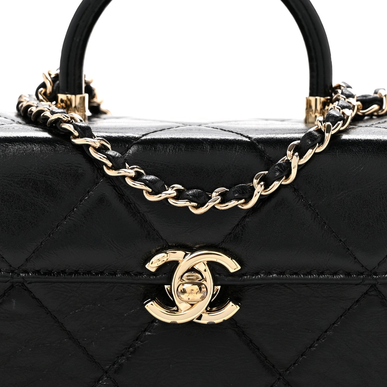 Shiny Calfskin Quilted Top Handle Box Bag Black