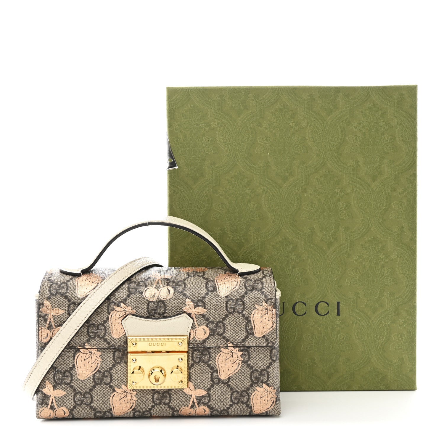 GG Supreme Monogram Berry Textured Dollar Calfskin Mini Padlock Top Handle Shoulder Bag Beige Ebony Light Copper Mystic White