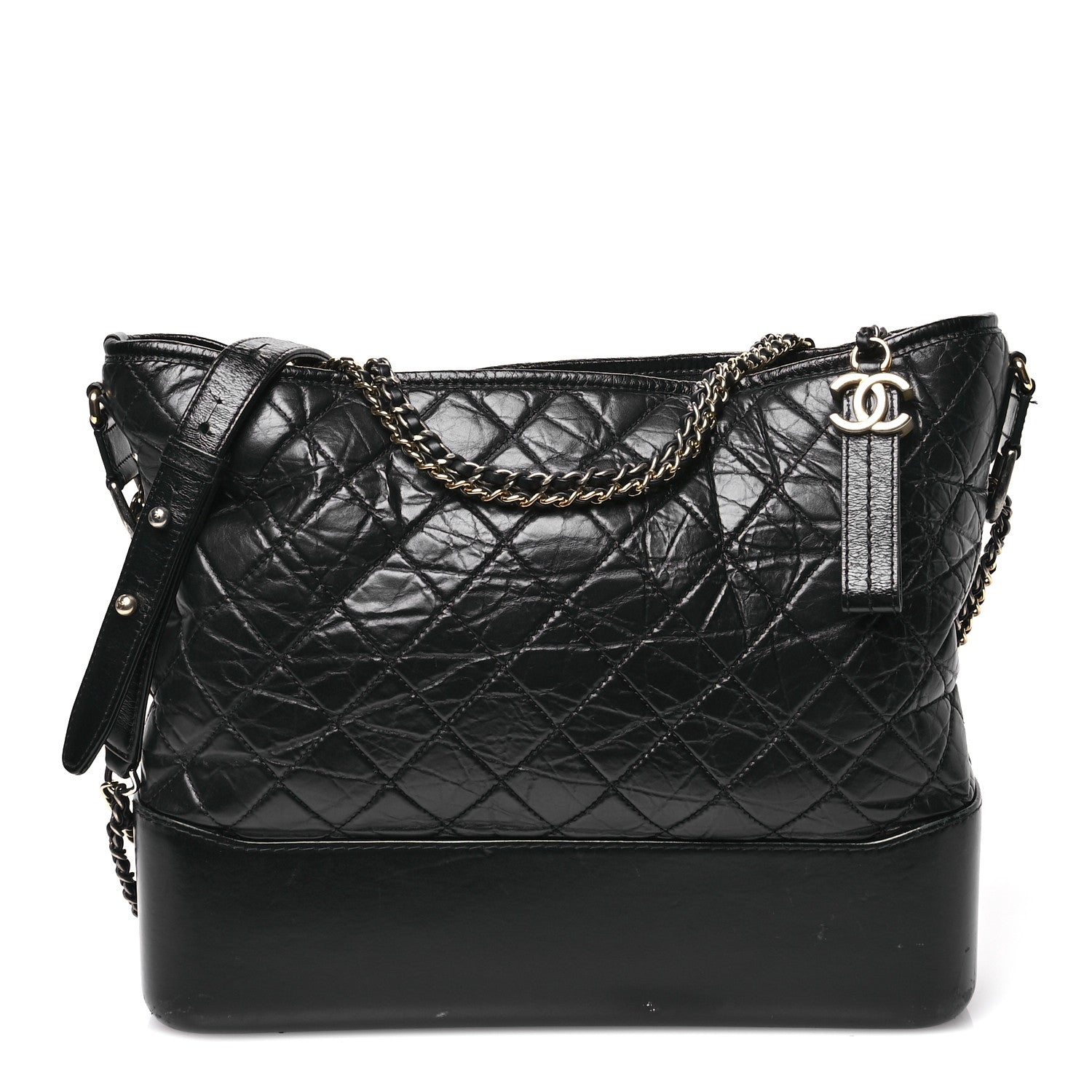 Aged Smooth Calfskin Quilted Large Gabrielle Logo Hobo Black