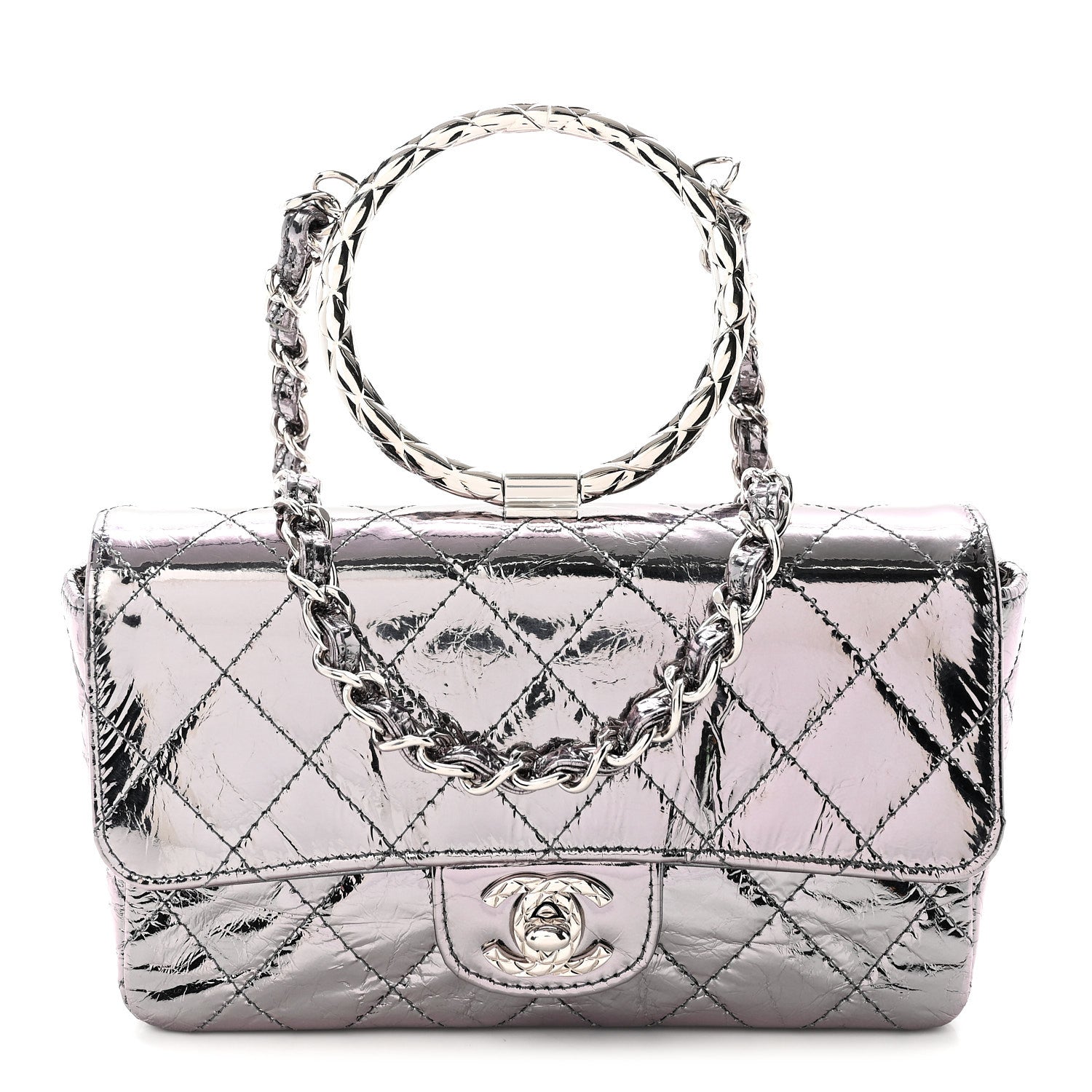 Crumpled Metallic Calfskin Quilted Ring Handle Mini Flap Silver