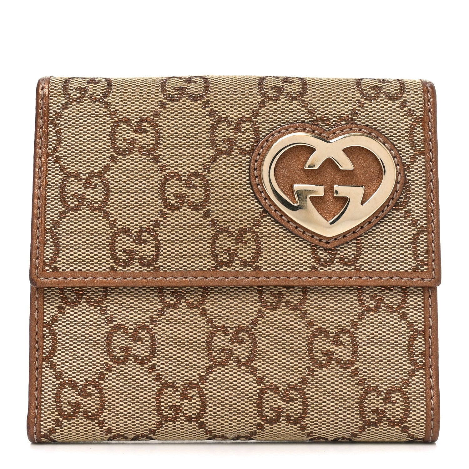 Metallic Calfskin Monogram Lovely Heart French Flap Wallet Bronze